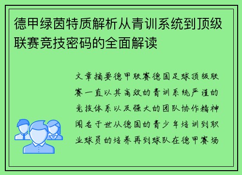 德甲绿茵特质解析从青训系统到顶级联赛竞技密码的全面解读