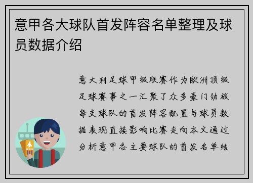 意甲各大球队首发阵容名单整理及球员数据介绍